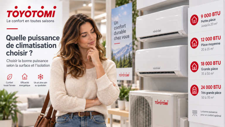 Femme comparant les puissances 9 000, 12 000, 18 000 et 24 000 BTU d’une climatisation Toyotomi