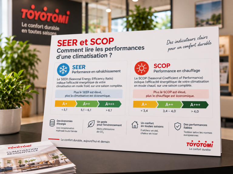 Panneau Toyotomi expliquant les indices SEER et SCOP pour comparer les performances d’une climatisation en froid et en chauffage