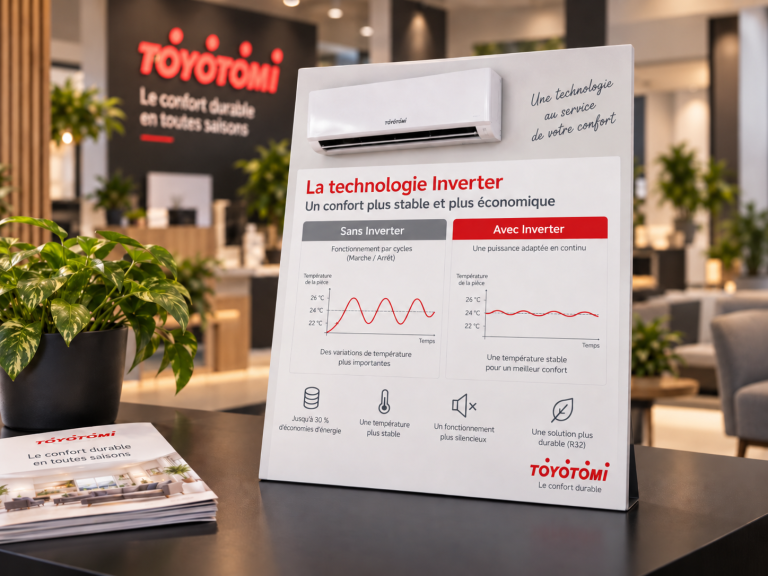 Panneau Toyotomi expliquant le fonctionnement de la technologie Inverter avec comparaison sans Inverter et avec Inverter
