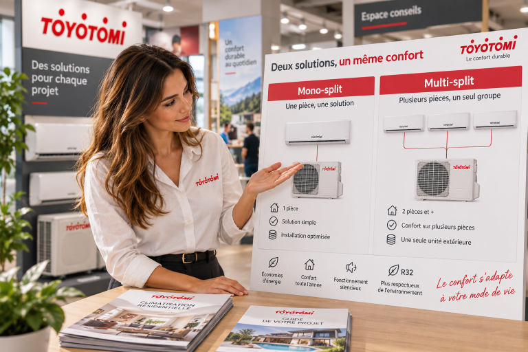 Conseillère Toyotomi dans un showroom de climatisation, devant un présentoir avec unités murales et groupe extérieur.