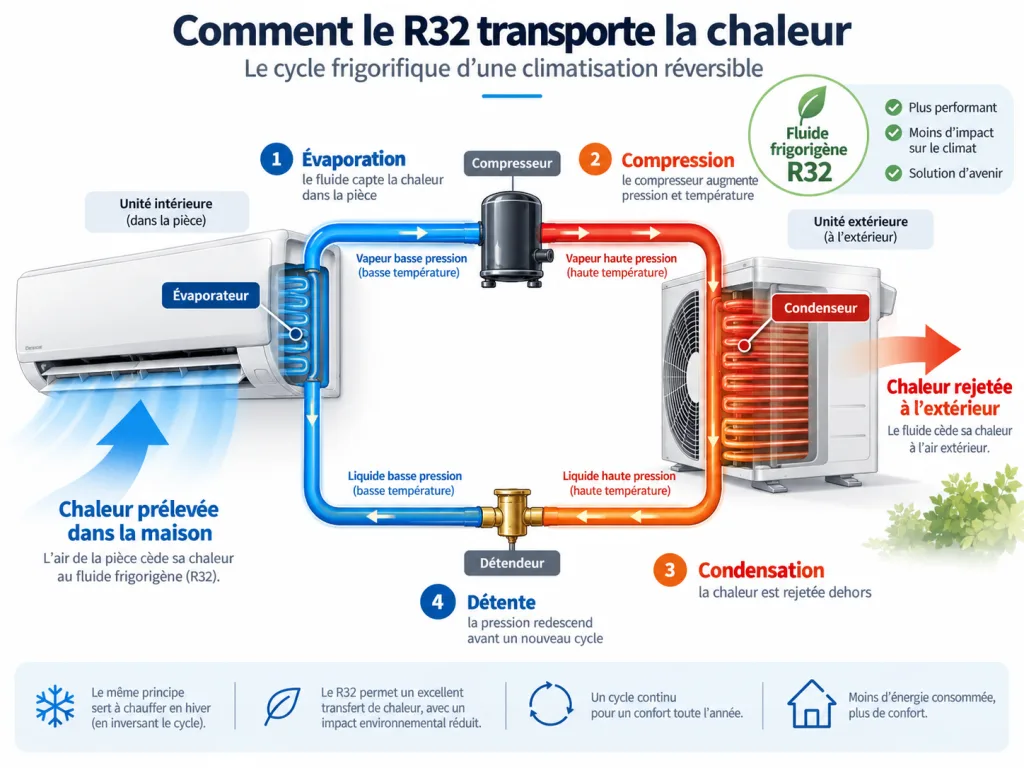 R32 en climatisation : schéma du cycle frigorifique montrant l'évaporateur, le compresseur, le condenseur et le détendeur.