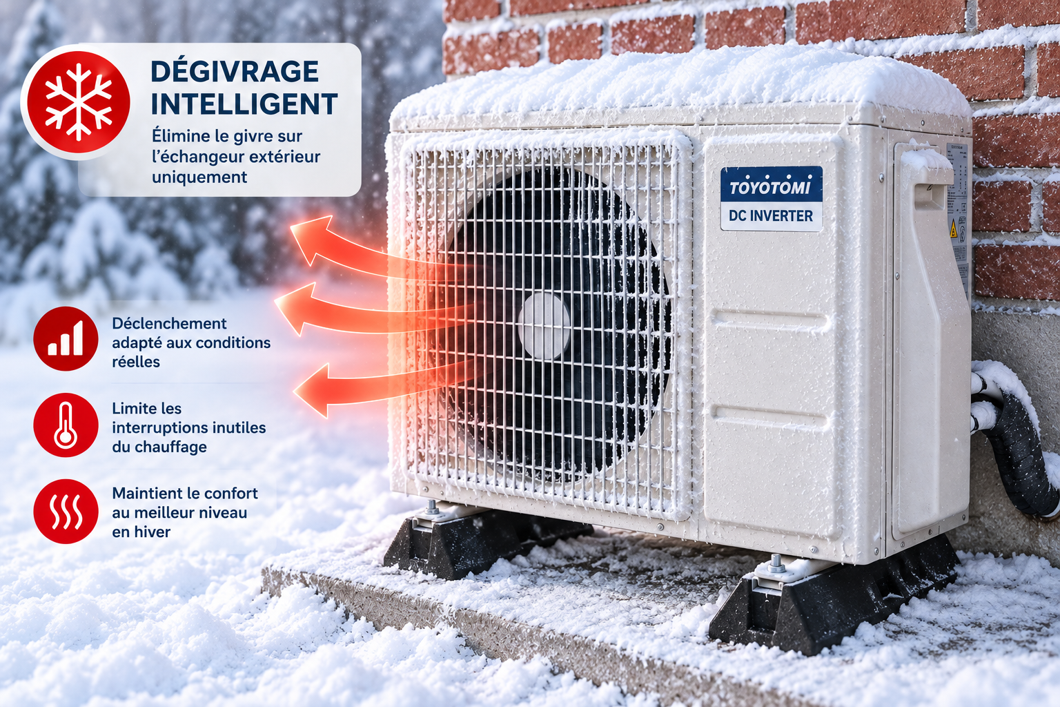 Groupe extérieur de climatisation Toyotomi dans la neige, illustration du dégivrage intelligent en mode chauffage.