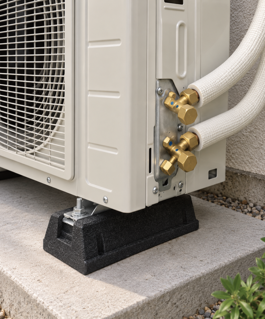 Groupe extérieur de climatisation sur supports antivibratoires avec raccords frigorifiques et liaisons isolées.