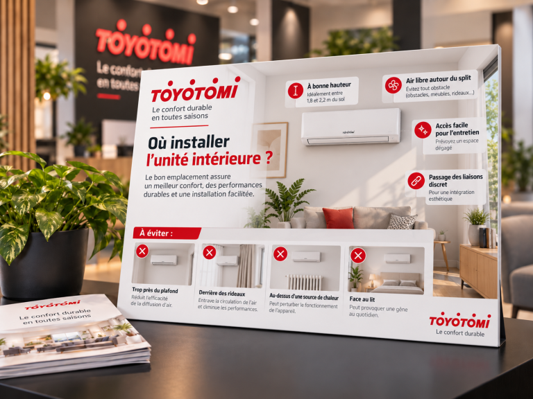 Panneau Toyotomi expliquant où installer l’unité intérieure d’une climatisation et les erreurs de positionnement à éviter