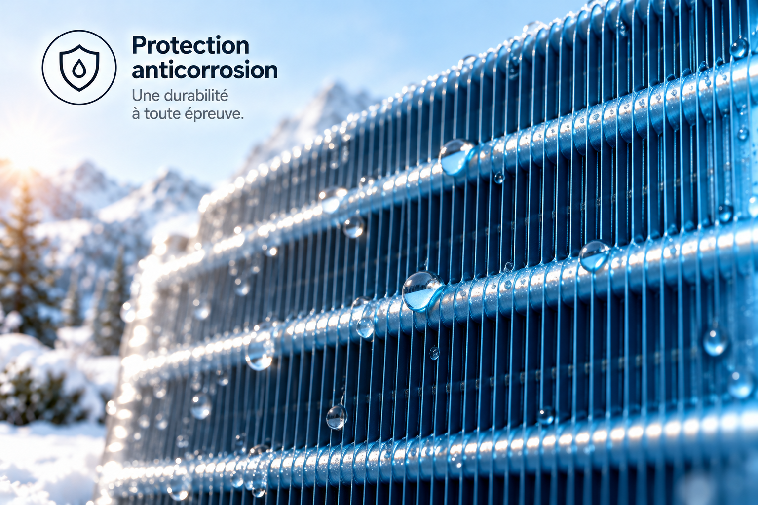 Gros plan illustratif sur les ailettes bleues d'un échangeur de climatisation avec protection de surface anticorrosion.