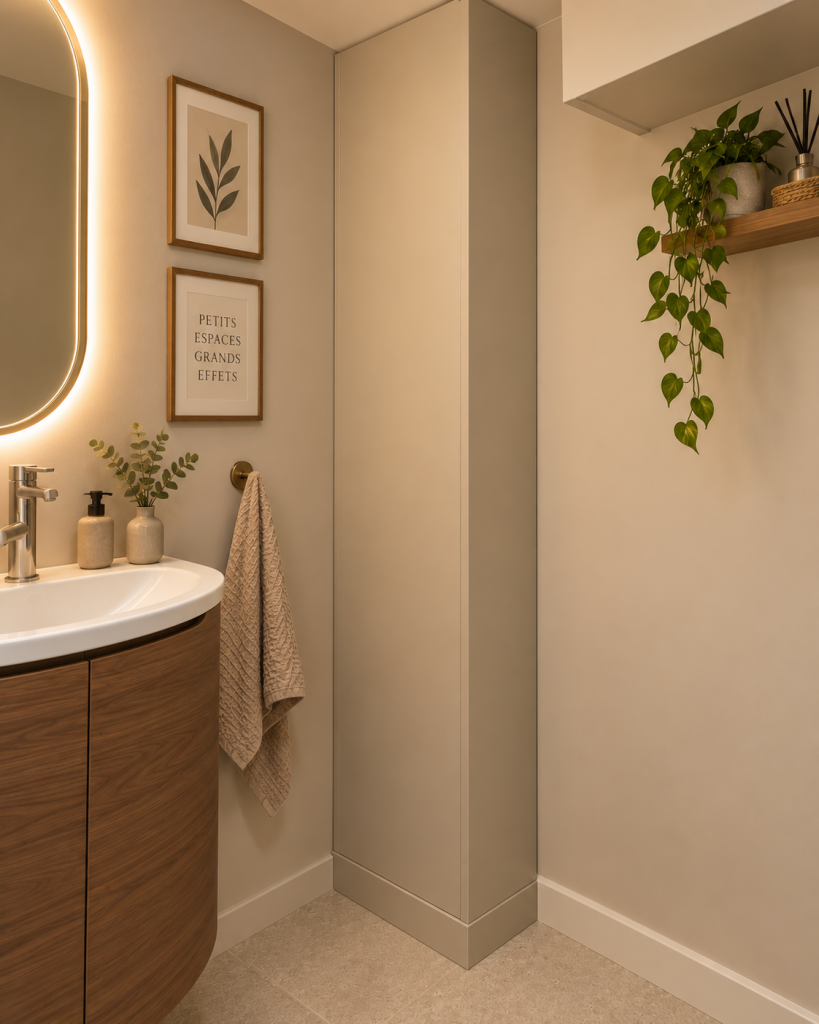 Petit WC rénové dans des tons beiges avec coffrage technique vertical discret intégrant le passage des liaisons de climatisation