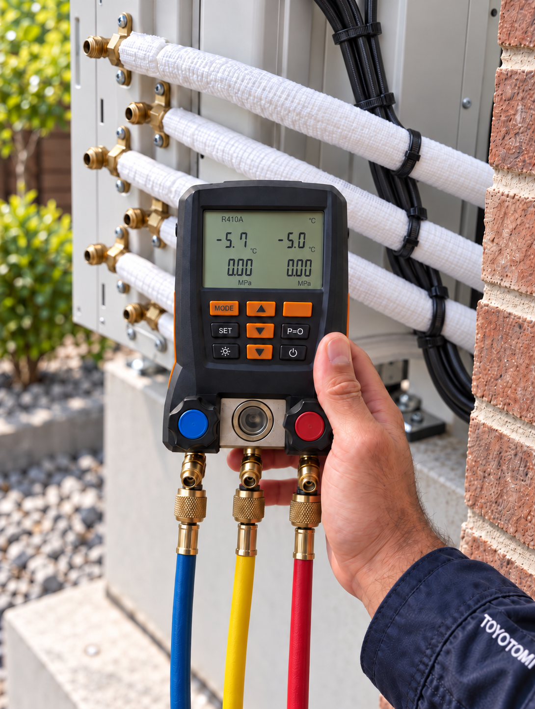 Technicien utilisant un manifold numérique devant les raccordements frigorifiques d'une unité extérieure de climatisation.